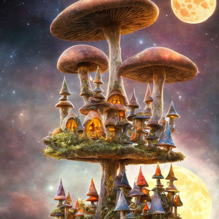 Whimsical artwork: Mushroom houses on floating island under starry sky