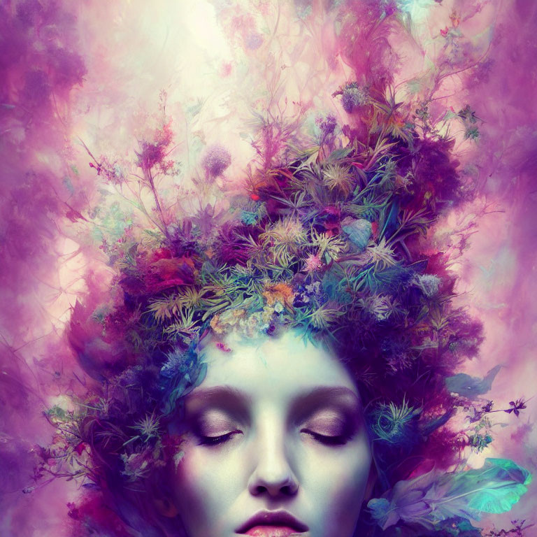 Person with closed eyes wearing flower crown in purple mist