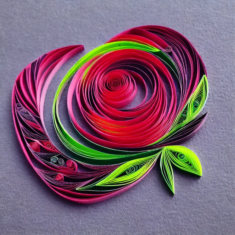 Abstract Paper Quilling Art in Pink, Red, Green, Yellow on Grey