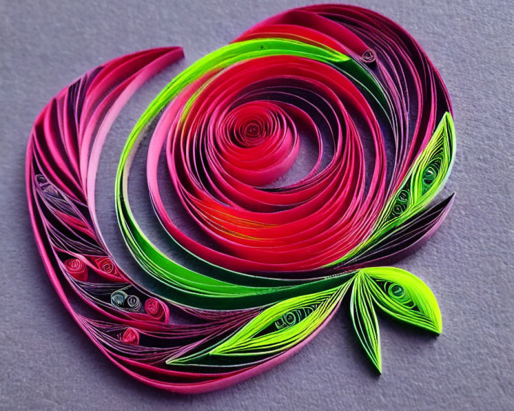 Abstract Paper Quilling Art in Pink, Red, Green, Yellow on Grey