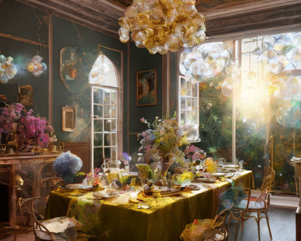 Luxurious Dining Room with Golden Decor, Chandeliers, and Garden View