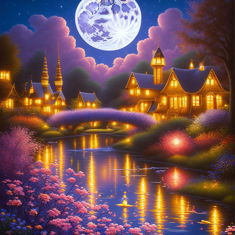 Vibrant night scene: illuminated village, blooming bridge, full moon