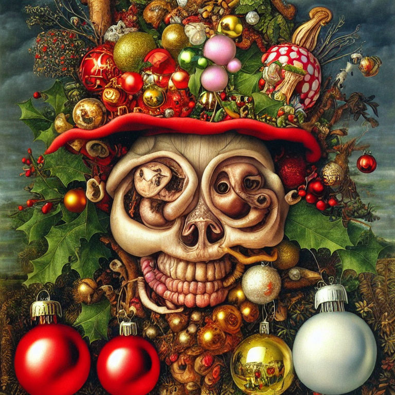 Skull with Distorted Facial Features and Festive Holly Hat