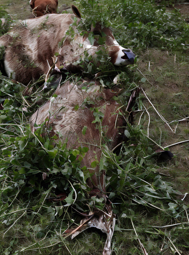 Deceased horse covered with branches, another horse in background