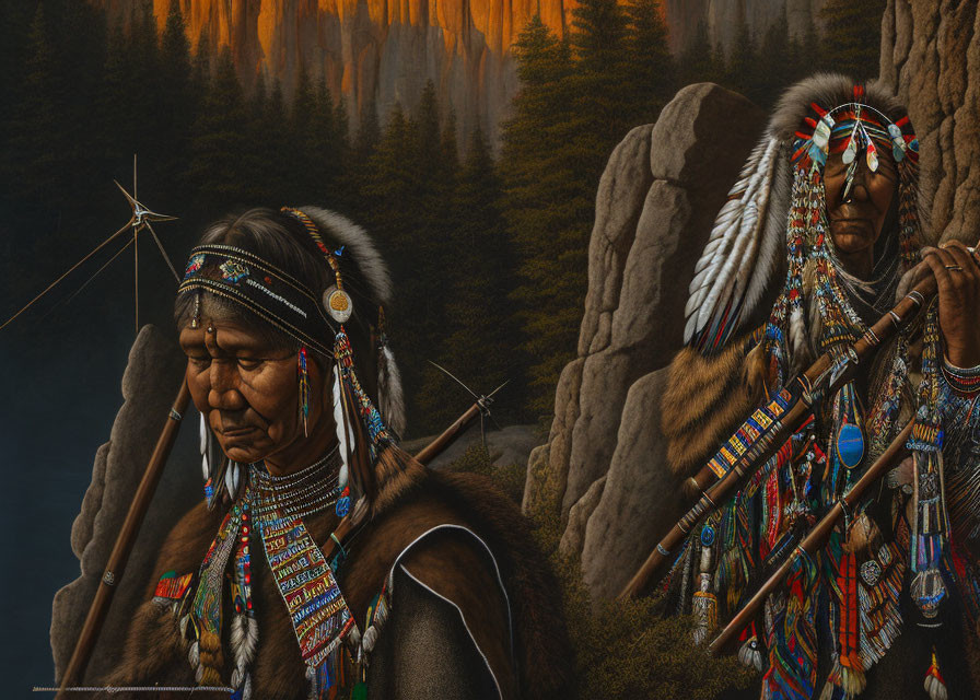 Native American figures in traditional attire with spear and bow in forested backdrop