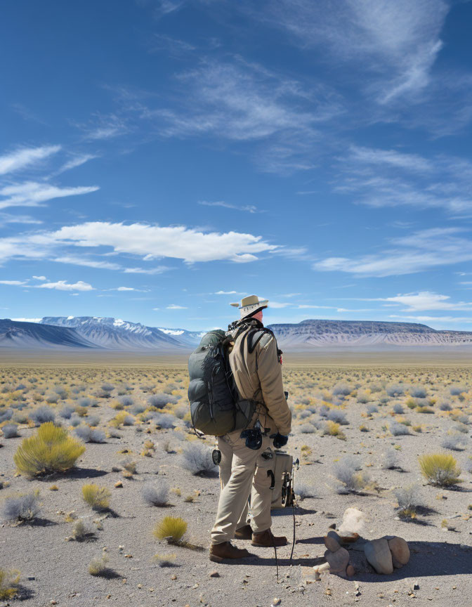 Traveler with large backpack and camera in desert landscape with mountains.