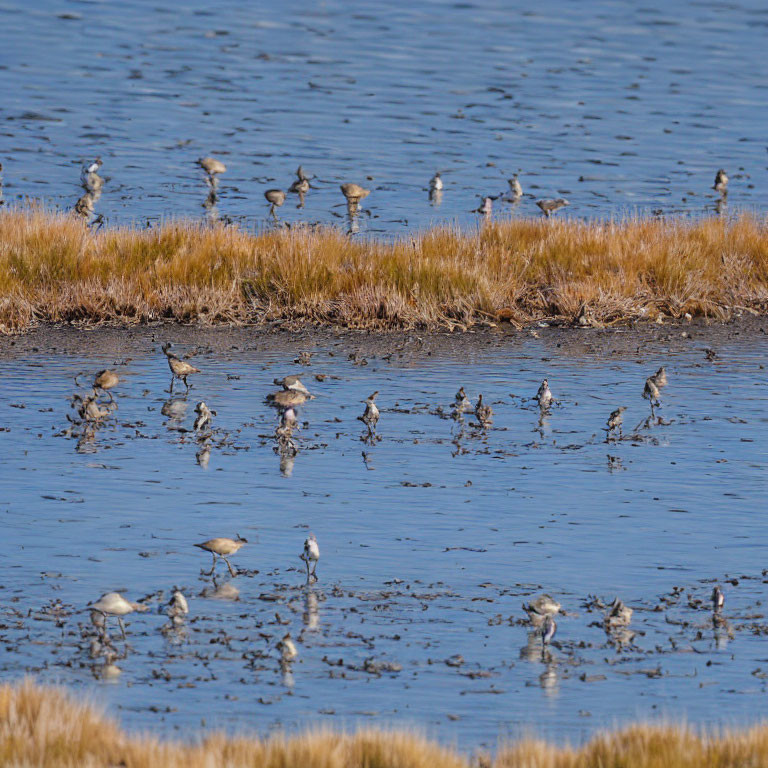 Shorebirds feeding in wetland under blue sky