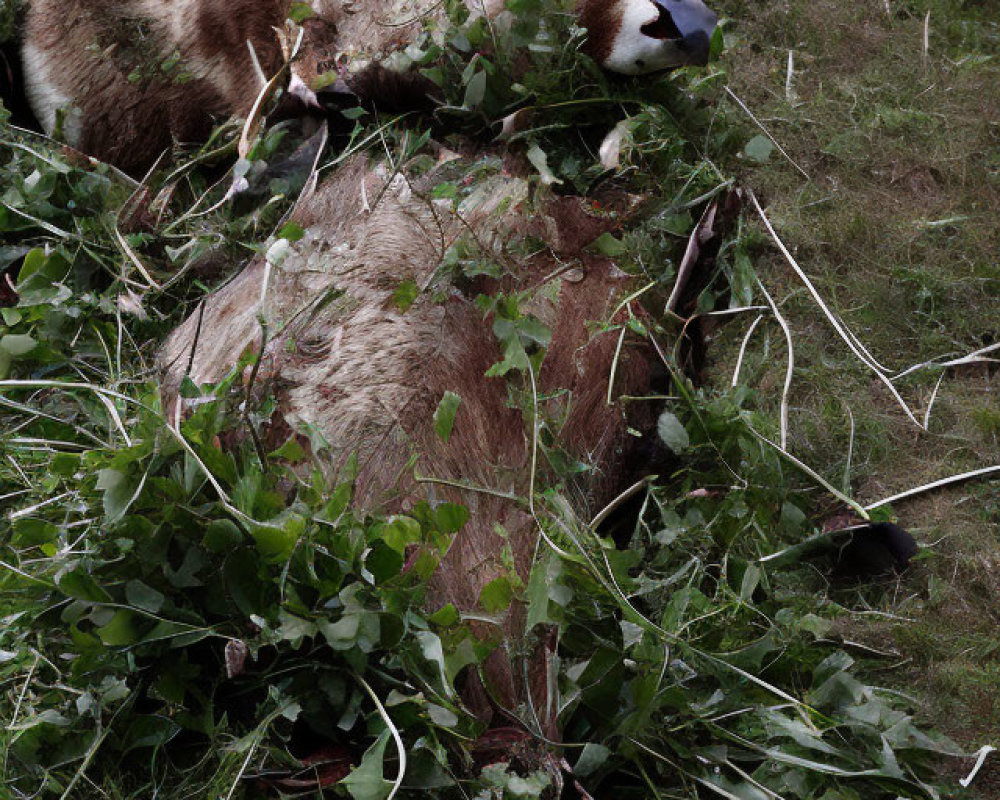 Deceased horse covered with branches, another horse in background