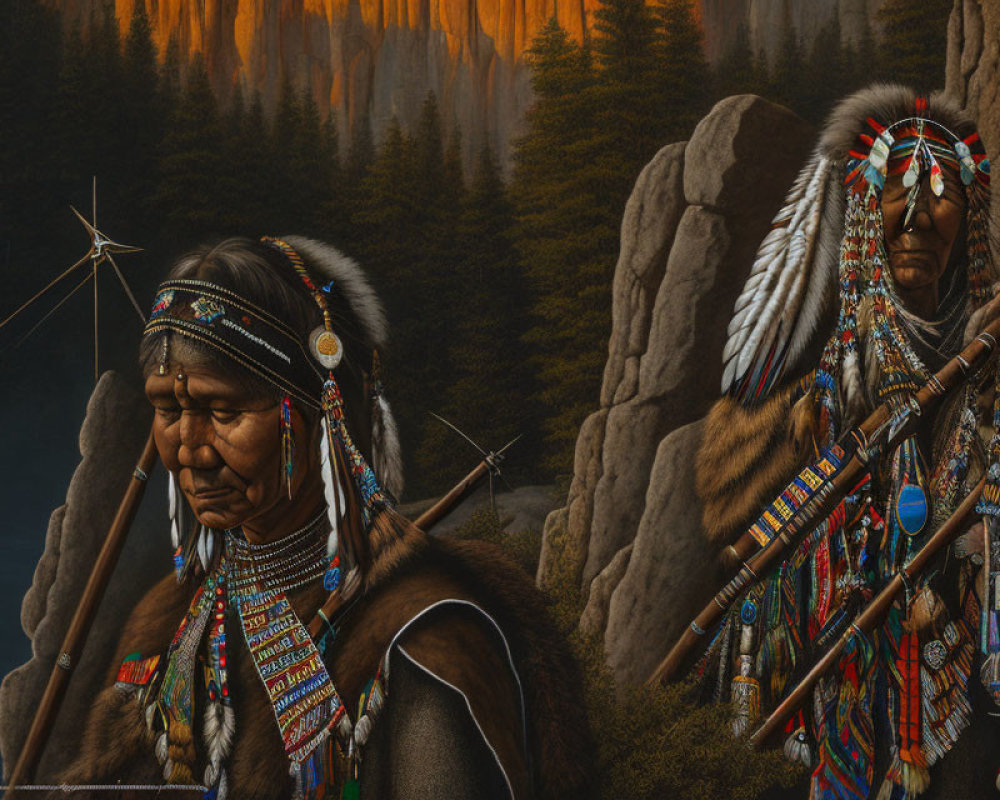 Native American figures in traditional attire with spear and bow in forested backdrop