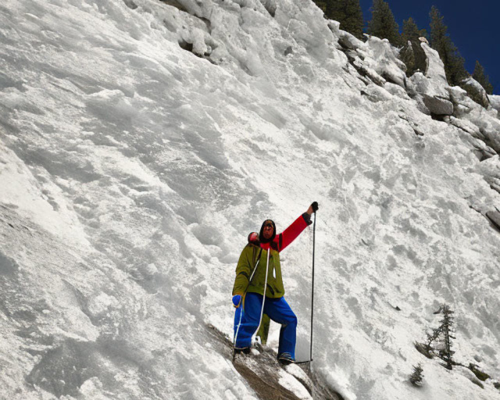 Colorful Gear Climber Celebrating Victory on Snowy Mountain