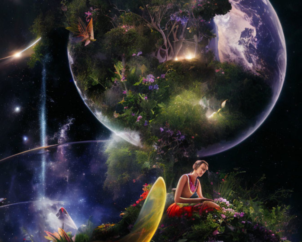 Person sitting on leaf in fantastical cosmos with vibrant flora, butterflies, moon, and celestial bodies.