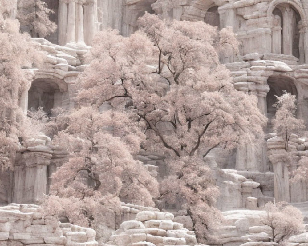 Solitary Tree with Pinkish Leaves Amid Layered Rock Formations