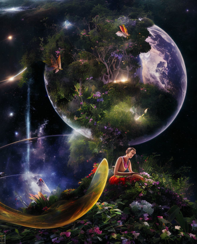 Person sitting on leaf in fantastical cosmos with vibrant flora, butterflies, moon, and celestial bodies.