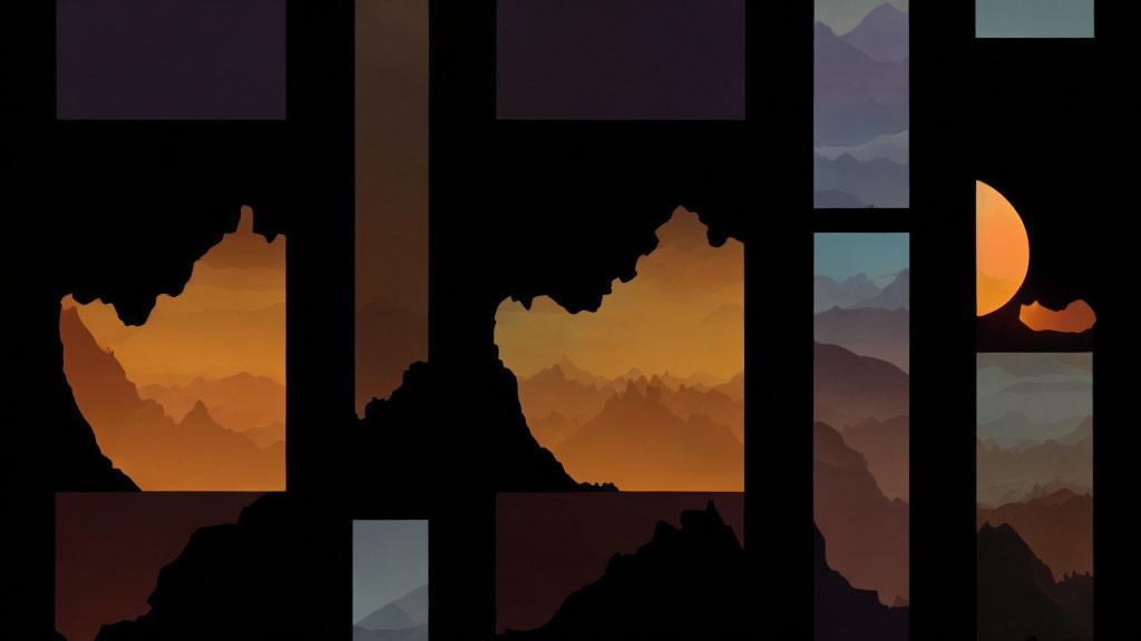 Mountain Silhouettes Artwork with Sunrise/Sunset Gradient Panels