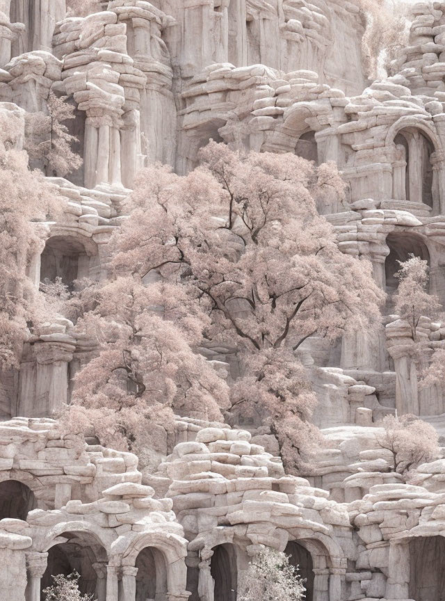 Solitary Tree with Pinkish Leaves Amid Layered Rock Formations