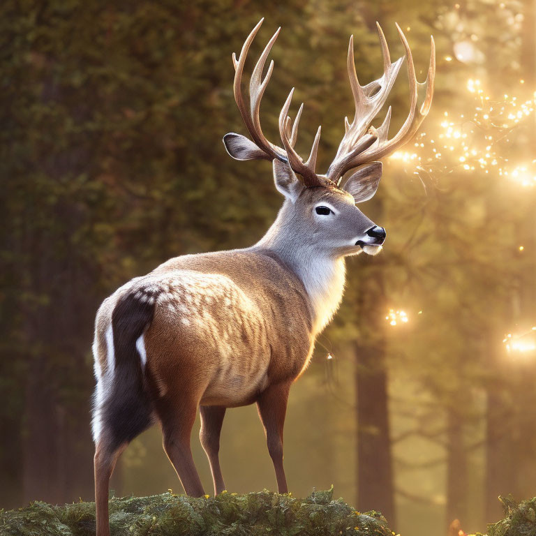 Majestic deer with large antlers in sunlit forest