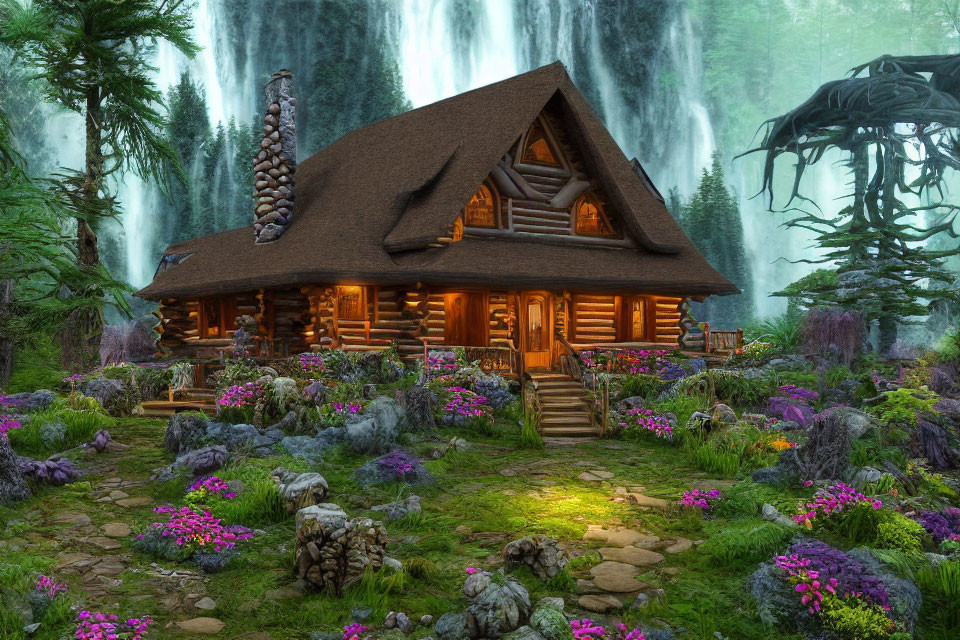 Rustic wooden cabin with stone chimney in lush garden & waterfalls