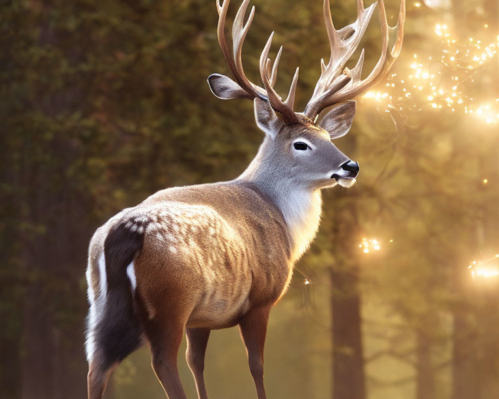 Majestic deer with large antlers in sunlit forest