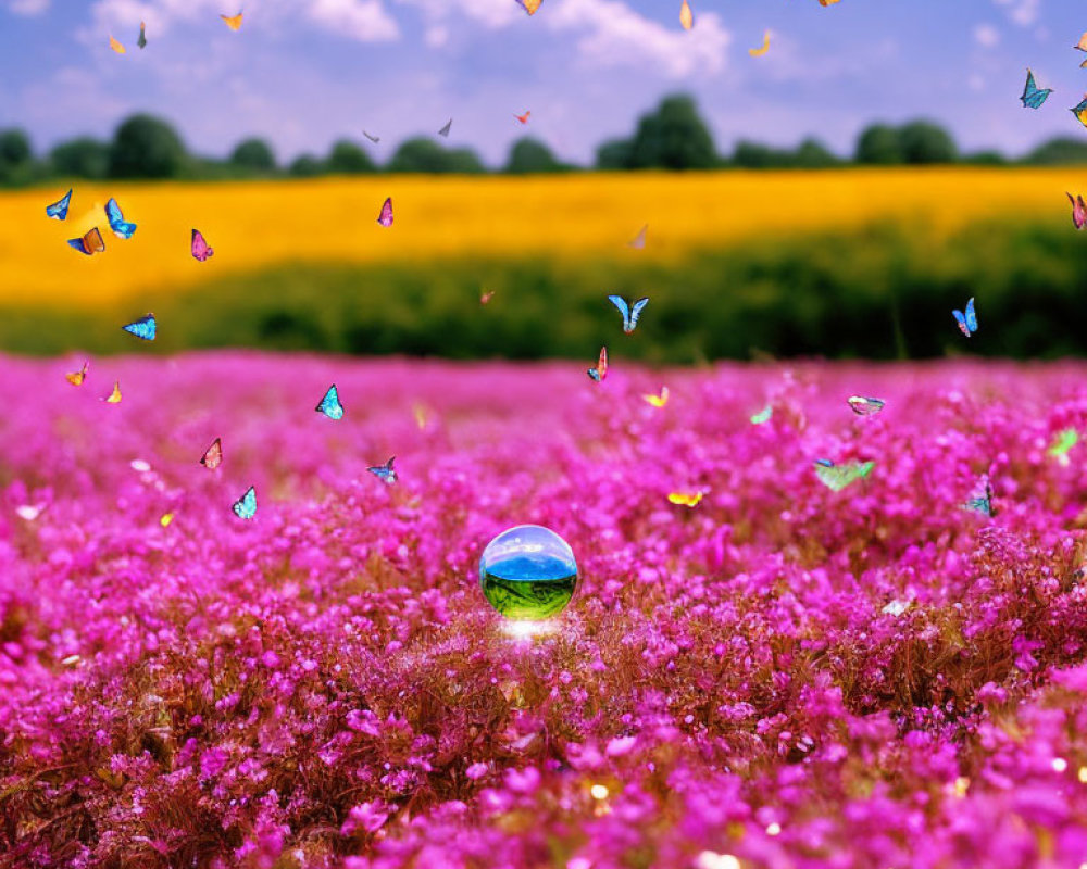 Crystal ball on vibrant purple flower field with butterflies and yellow blooms