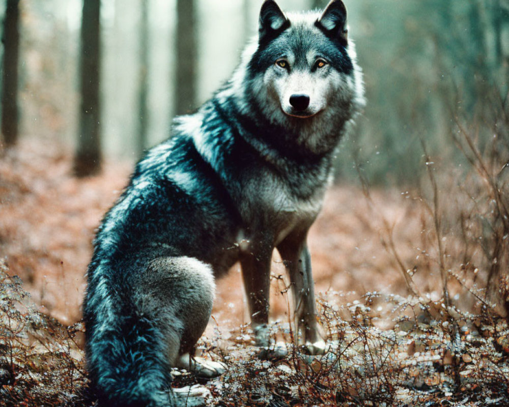 Thick-furred wolf in misty autumn forest with fallen leaves