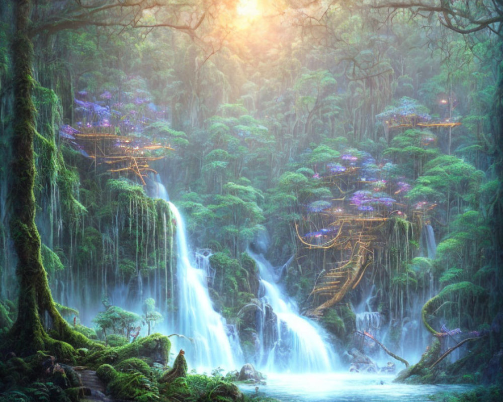 Enchanting forest with waterfalls, purple flora, and intricate tree roots