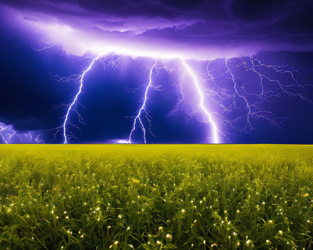 Vivid Purple Sky with Lightning Bolts Over Green Field at Night