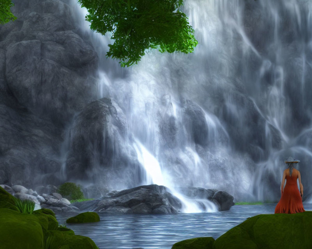 Person in Red Dress and Hat at Majestic Waterfall