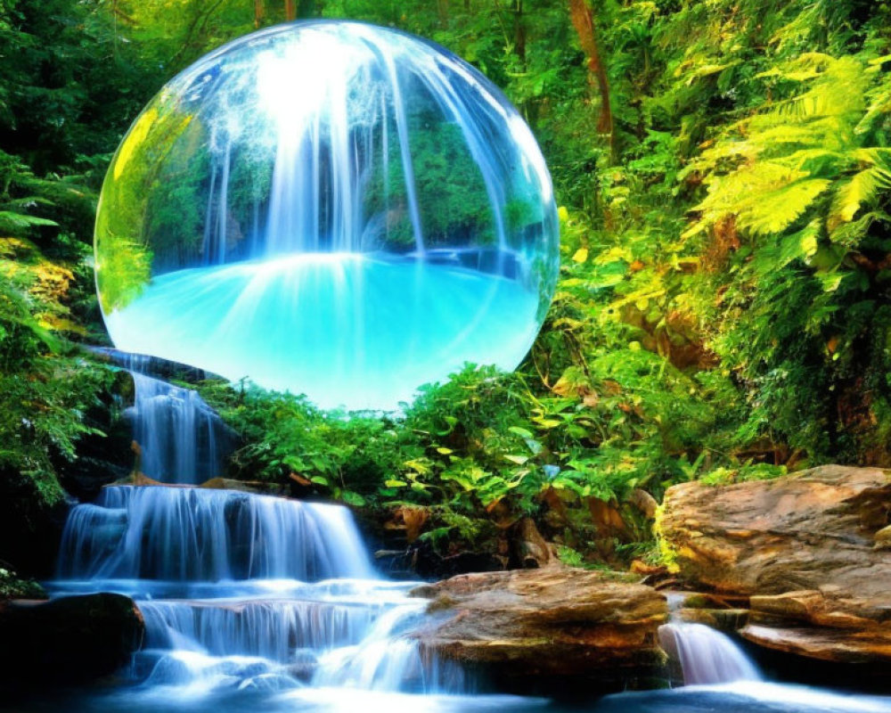 Tranquil waterfall in forest bubble showcase.