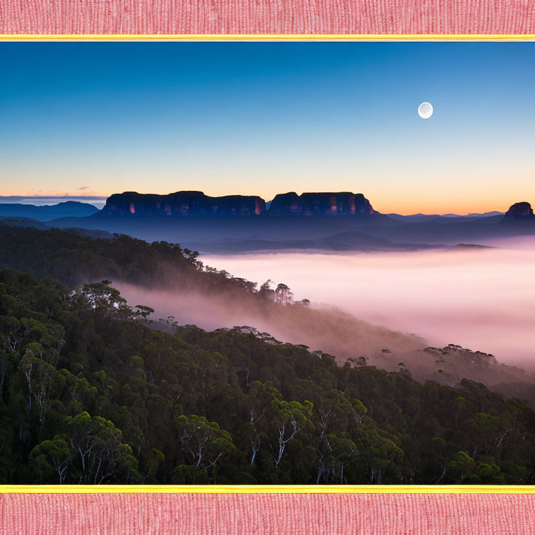 Misty valley at dusk with mountain silhouettes & moon