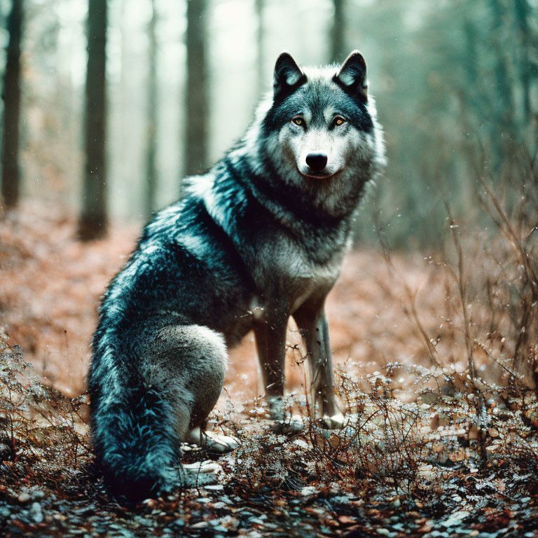 Thick-furred wolf in misty autumn forest with fallen leaves