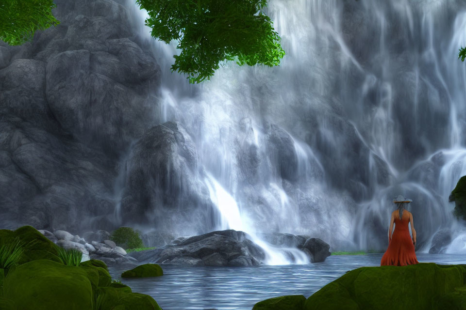 Person in Red Dress and Hat at Majestic Waterfall