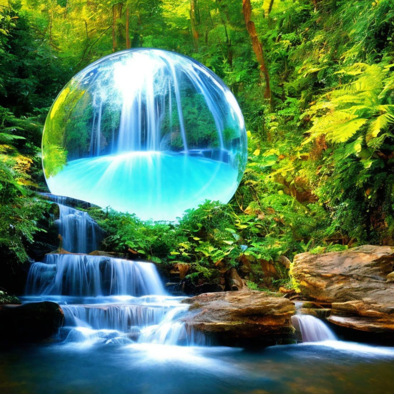 Tranquil waterfall in forest bubble showcase.