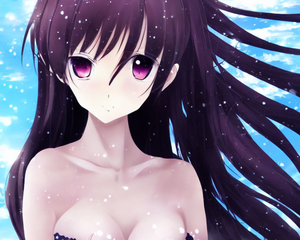 Anime girl with purple eyes, long black hair, blue dress in snowy setting