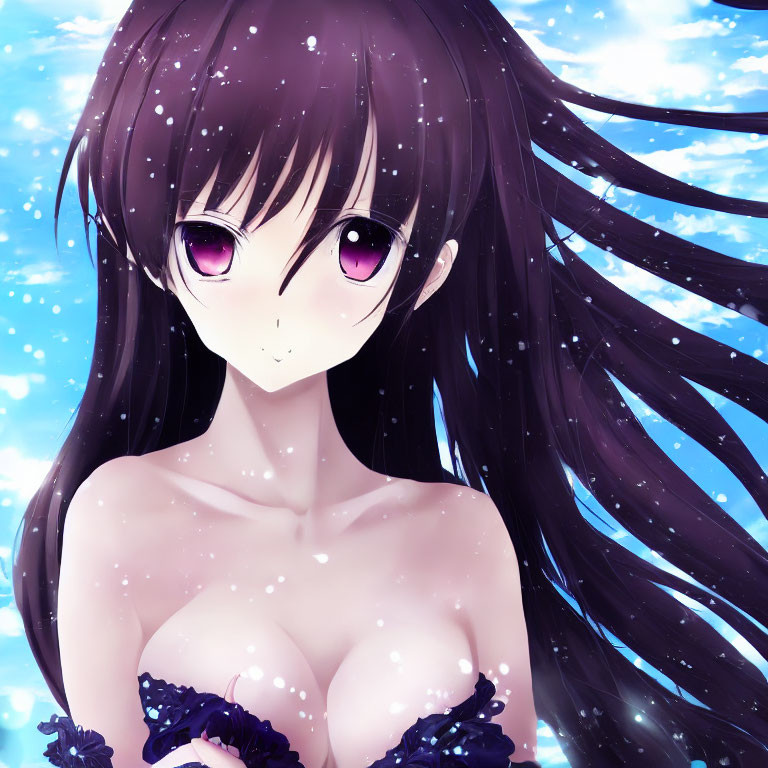 Anime girl with purple eyes, long black hair, blue dress in snowy setting