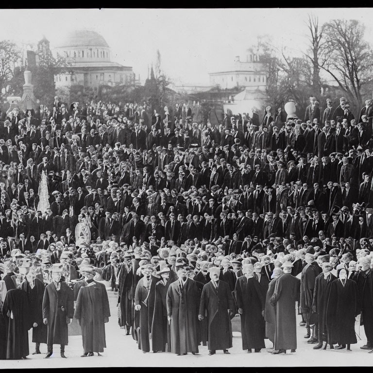 Vintage black and white photo of men in suits and hats at a large gathering