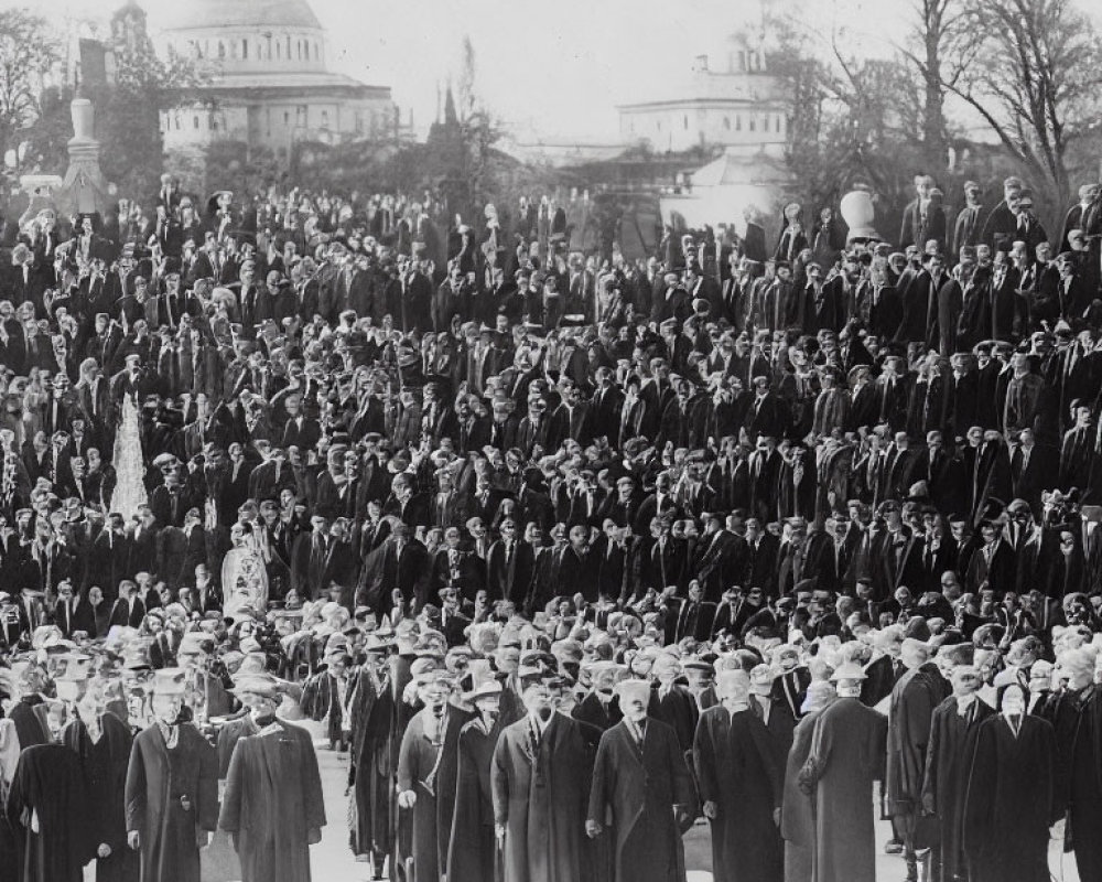 Vintage black and white photo of men in suits and hats at a large gathering