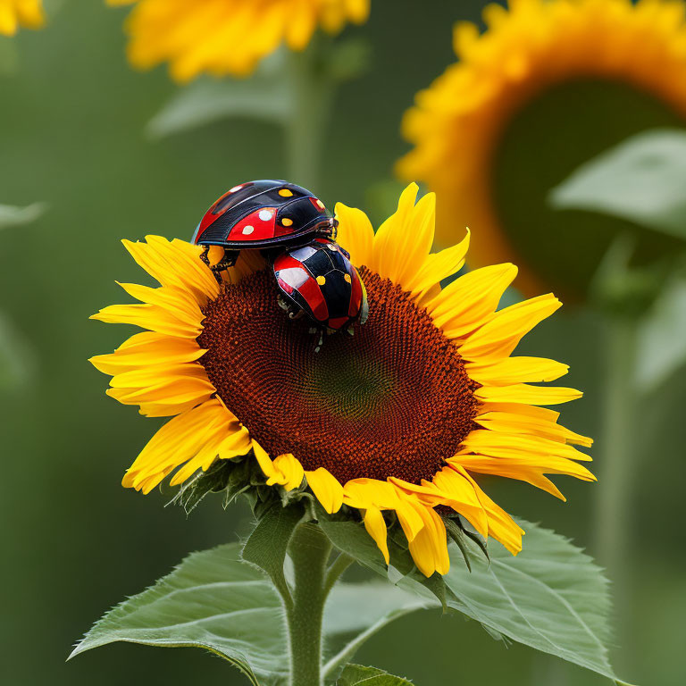 Two ladybugs on sunflower with blurred greenery background