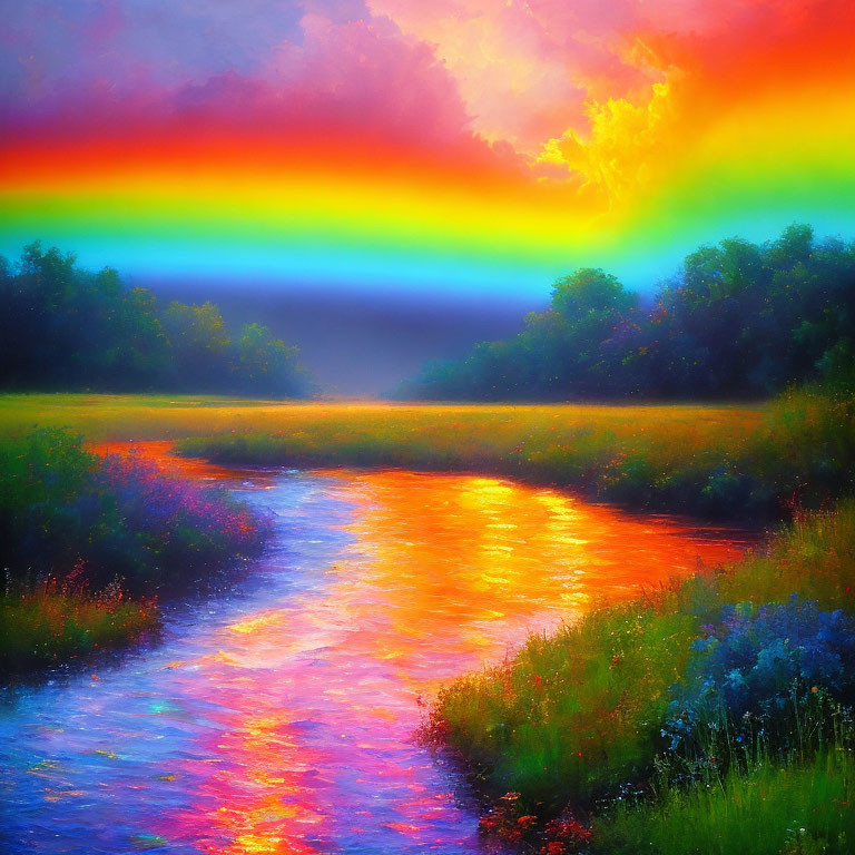 Colorful Rainbow Reflects on Serene River in Dreamy Landscape