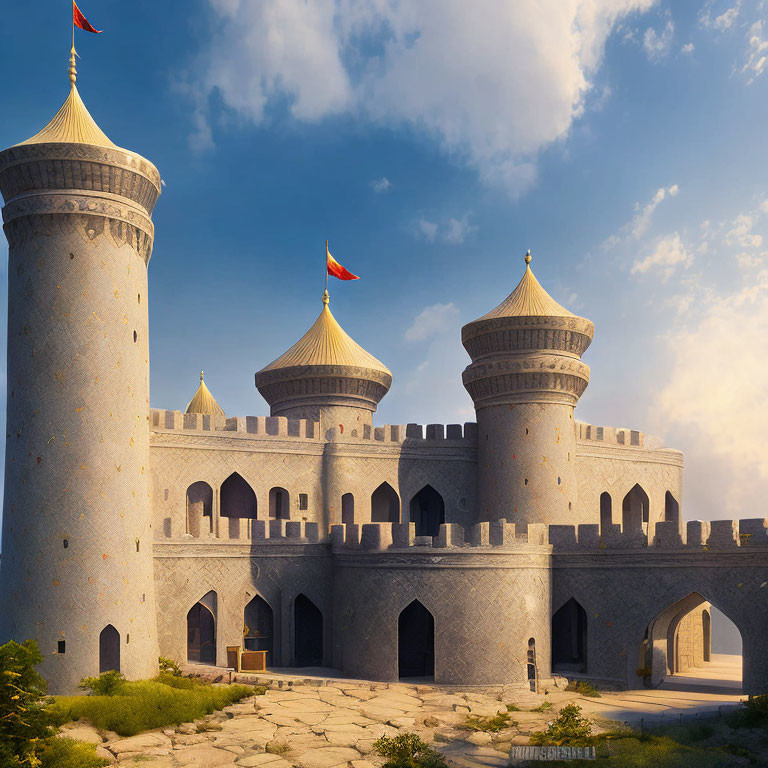 Majestic castle with twin towers and fluttering flags under blue sky