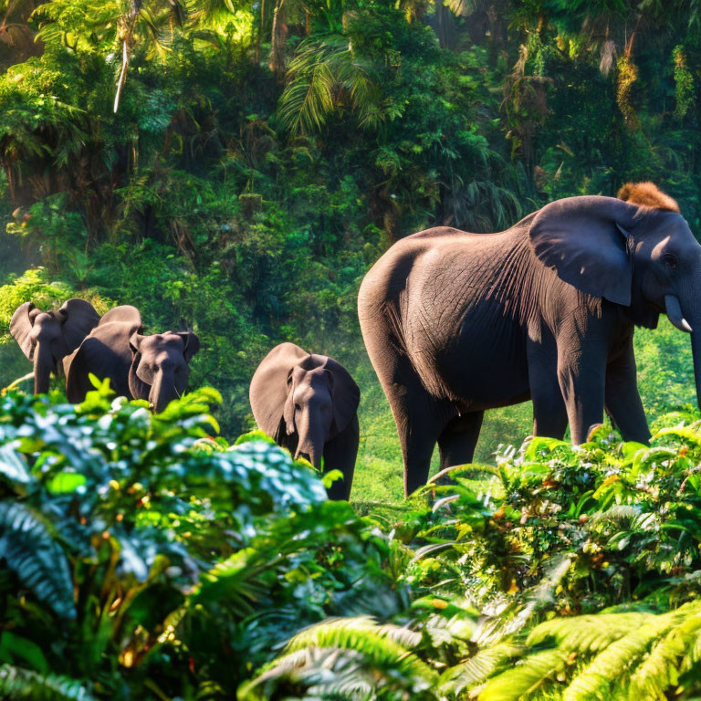 Elephants walking in lush green jungle.