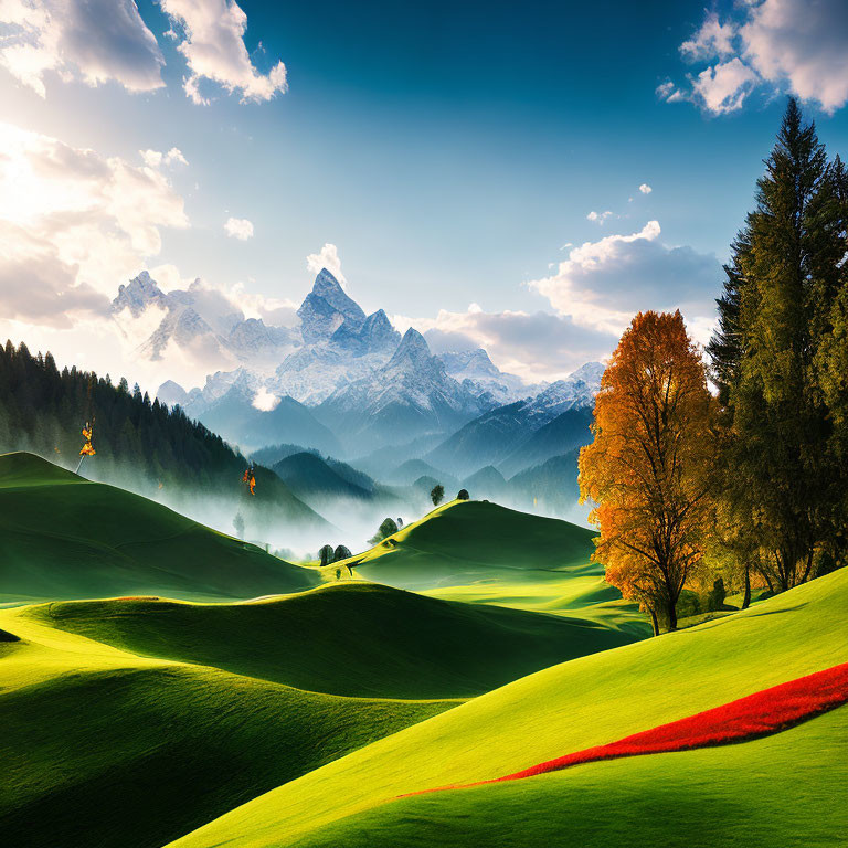 Majestic snow-capped mountains with rolling green hills