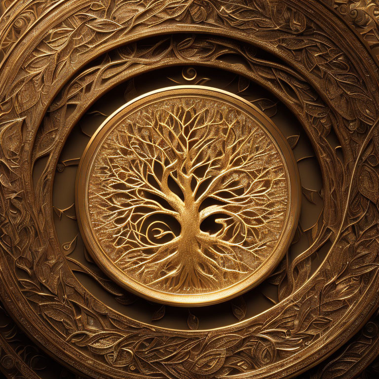 Intricate Golden Tree of Life in Ornate Circular Patterns