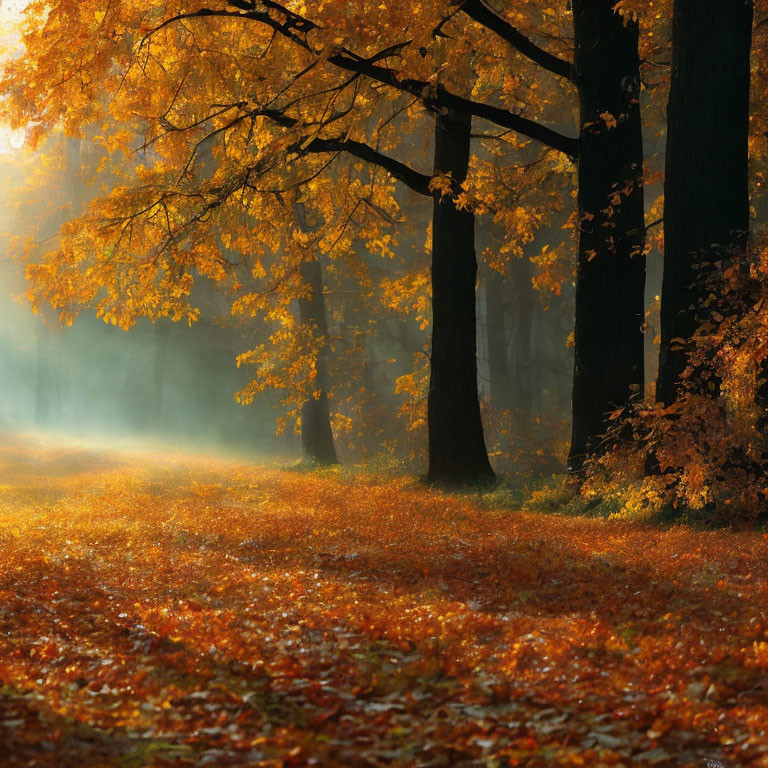 Golden autumn forest with sunbeams and fallen leaves