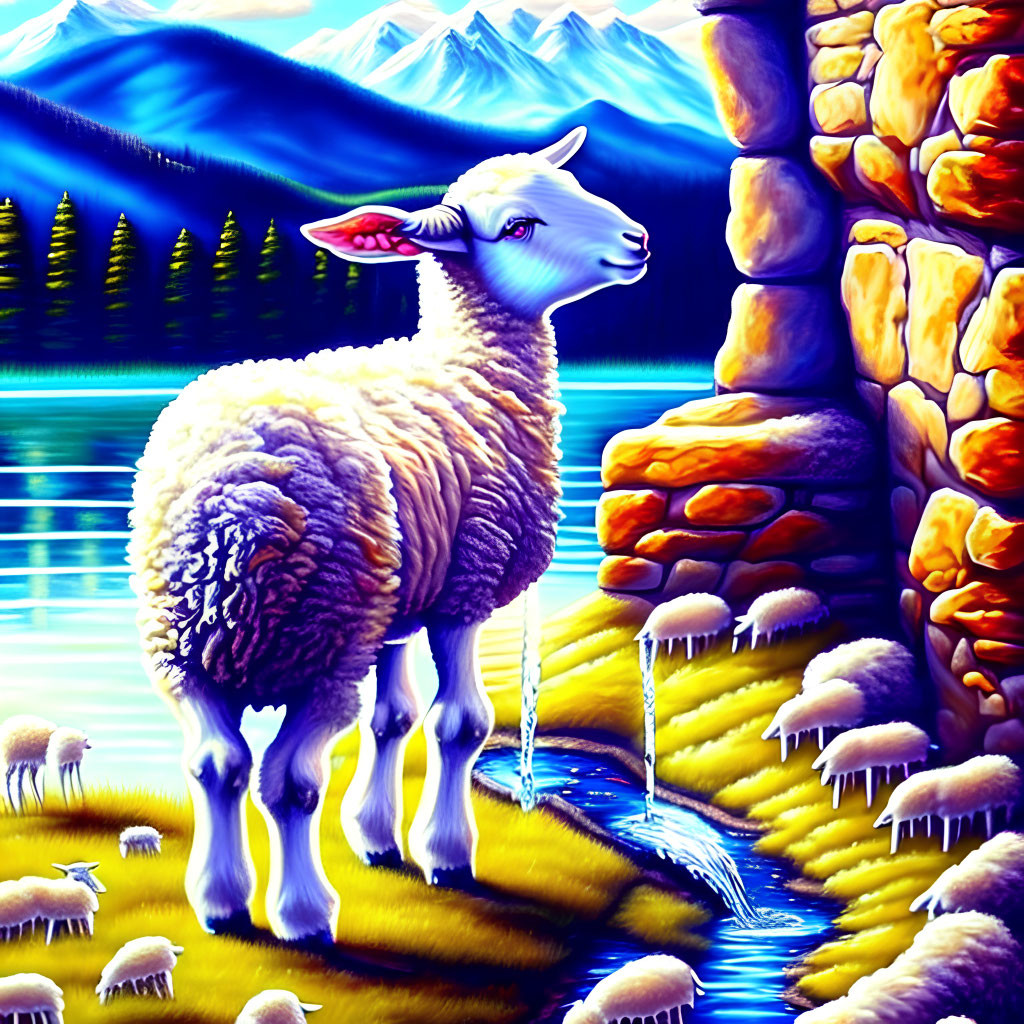 Colorful standing lamb by stream with mountainous landscape & serene lake