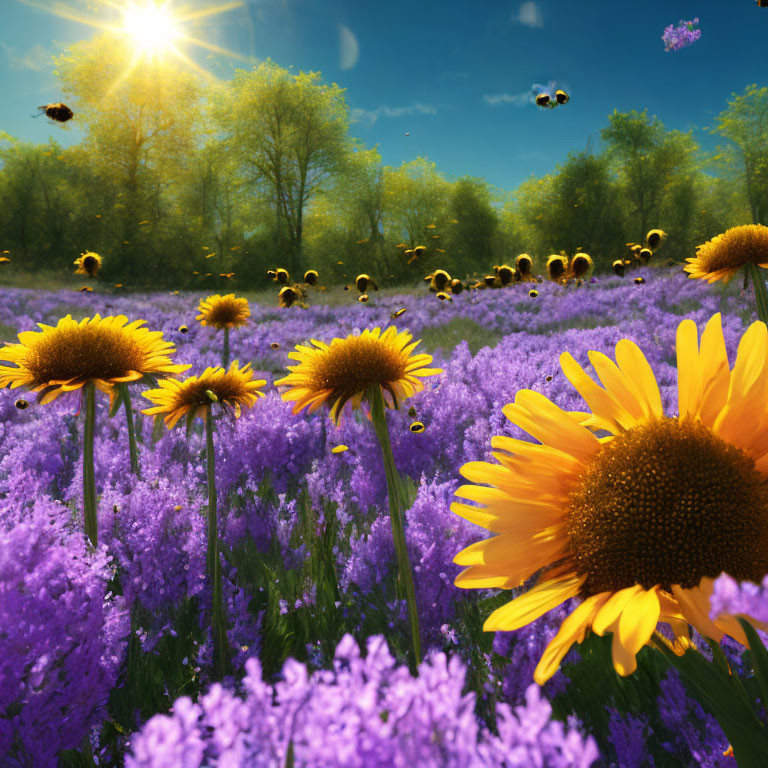 Tall Sunflowers in Purple Wildflower Field with Bees