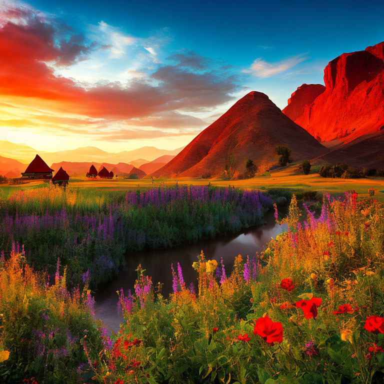 Scenic sunset over picturesque valley with river, houses, and wildflowers