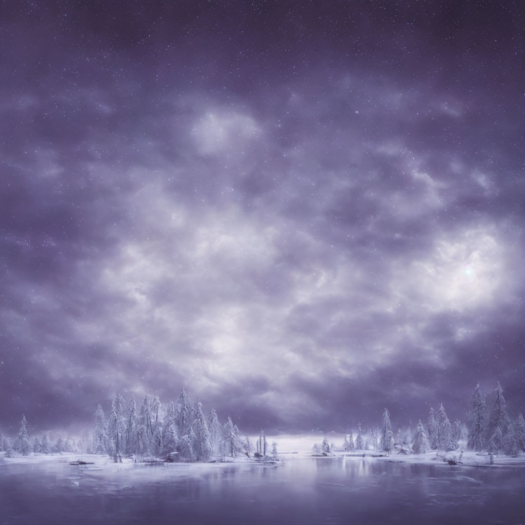 Snow-covered wintry night landscape with frozen lake and starry sky