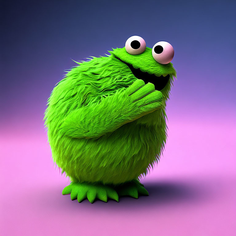 Fluffy Green Monster with Googly Eyes on Purple Background