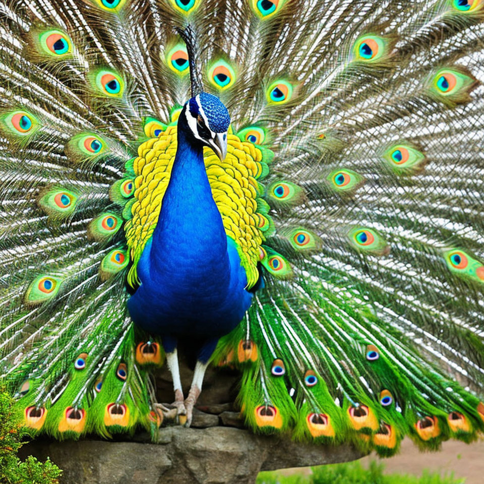 Colorful peacock with iridescent tail feathers perched on rock in greenery