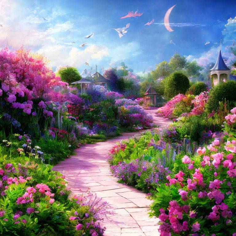 Colorful flower-lined garden path under crescent moon and serene sky.